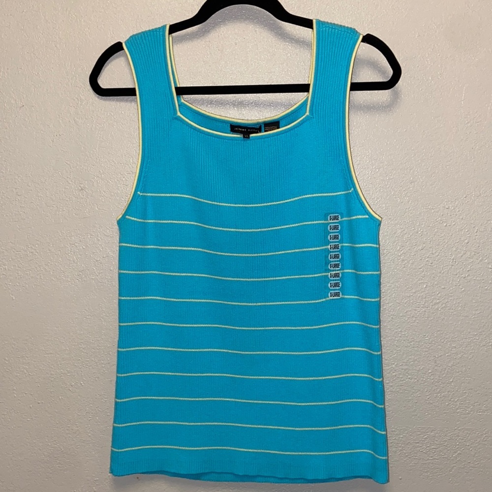 Jeanne Pierre NWT Turquoise Yellow Striped Square Neck Sleeveless Sweater